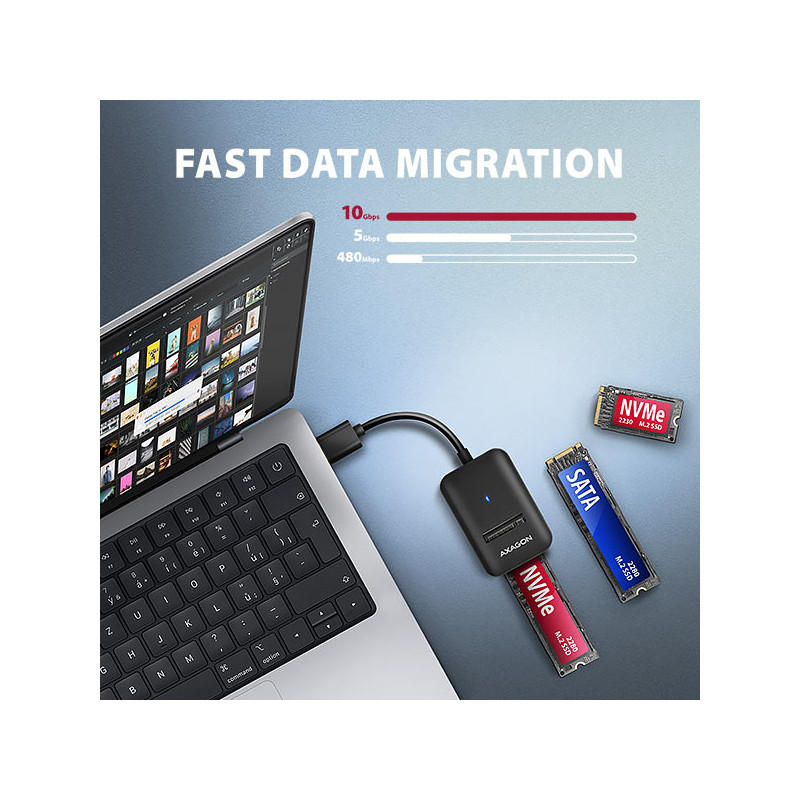 AXAGON ADM2-AM USB-A 10Gbps - M.2 NVMe & SATA SSD adaptér, kábel USB-A 10cm