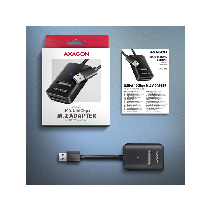 AXAGON ADM2-AM USB-A 10Gbps - M.2 NVMe & SATA SSD adaptér, kábel USB-A 10cm