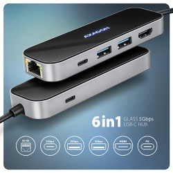AXAGON HMC-6GLN, USB 5Gbps húb, 2x USB-A, USB-C, HDMI 4k/60Hz, RJ-45 GLAN, PD 100W, kábel USB-C 20cm