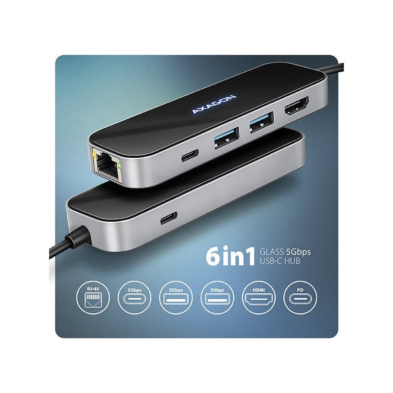 AXAGON HMC-6GLN, USB 5Gbps húb, 2x USB-A, USB-C, HDMI 4k/60Hz, RJ-45 GLAN, PD 100W, kábel USB-C 20cm