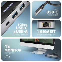 AXAGON HMC-6GLN, USB 5Gbps húb, 2x USB-A, USB-C, HDMI 4k/60Hz, RJ-45 GLAN, PD 100W, kábel USB-C 20cm