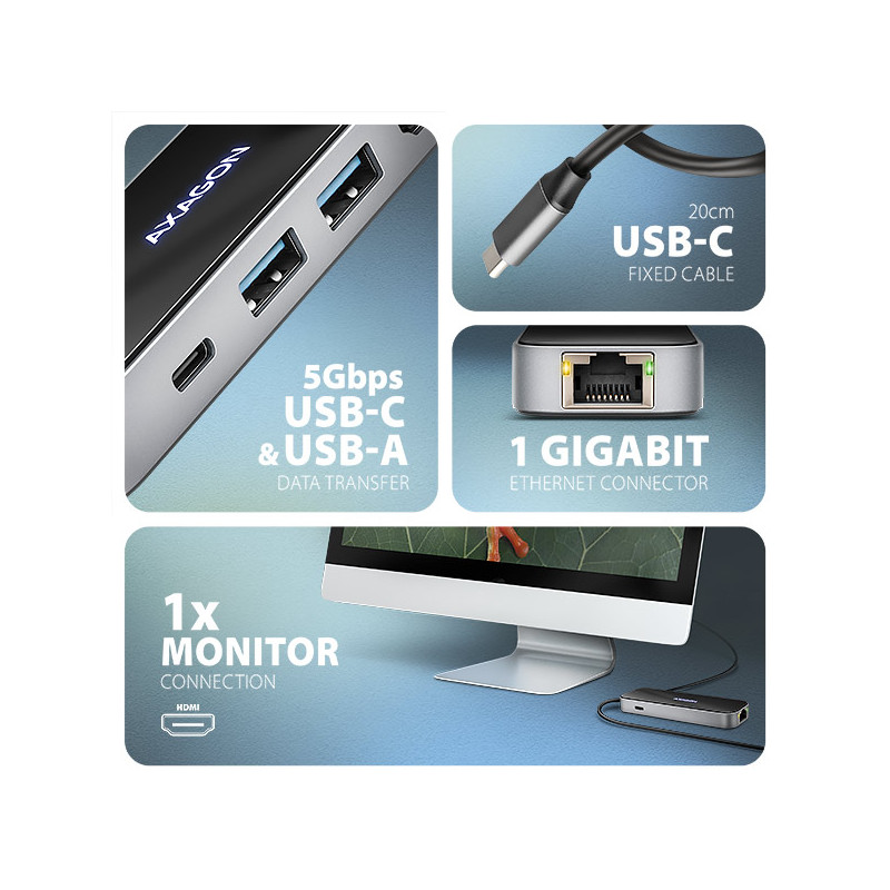 AXAGON HMC-6GLN, USB 5Gbps húb, 2x USB-A, USB-C, HDMI 4k/60Hz, RJ-45 GLAN, PD 100W, kábel USB-C 20cm