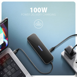 AXAGON HMC-6GLN, USB 5Gbps húb, 2x USB-A, USB-C, HDMI 4k/60Hz, RJ-45 GLAN, PD 100W, kábel USB-C 20cm