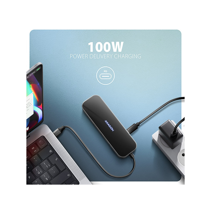 AXAGON HMC-6GLN, USB 5Gbps húb, 2x USB-A, USB-C, HDMI 4k/60Hz, RJ-45 GLAN, PD 100W, kábel USB-C 20cm