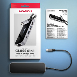 AXAGON HMC-6GLN, USB 5Gbps húb, 2x USB-A, USB-C, HDMI 4k/60Hz, RJ-45 GLAN, PD 100W, kábel USB-C 20cm