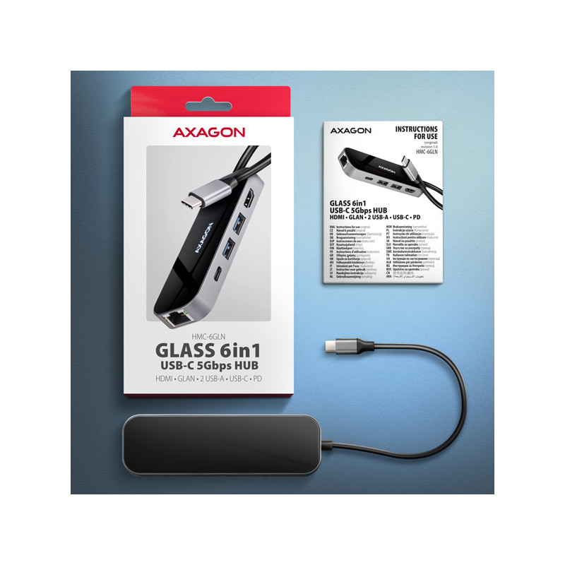 AXAGON HMC-6GLN, USB 5Gbps húb, 2x USB-A, USB-C, HDMI 4k/60Hz, RJ-45 GLAN, PD 100W, kábel USB-C 20cm