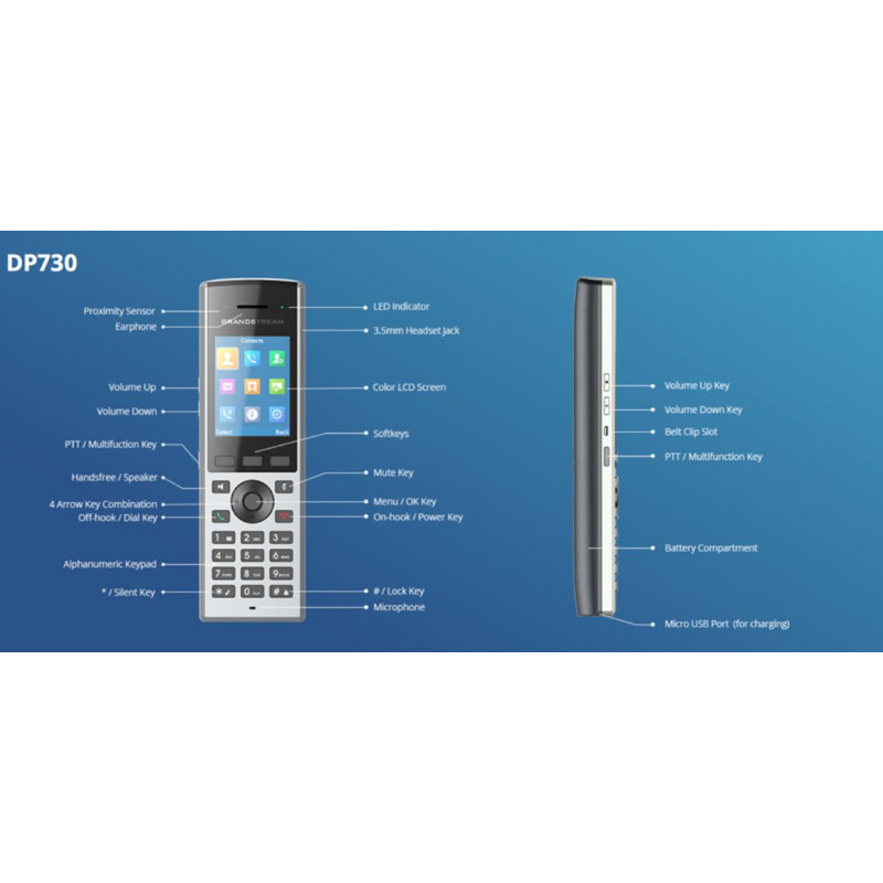 Grandstream DP730 IP tel., 2,4'' bar. displ., 2SIP úč., video, BT, Micro USB, HAC,