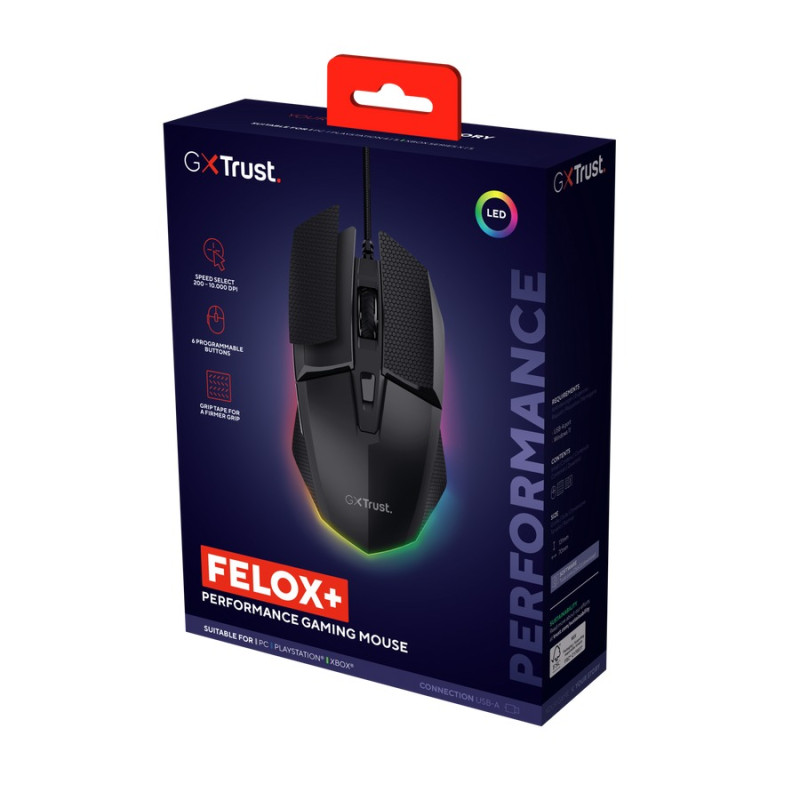 Trust GXT 121 Felox+/Herná/Optická/Pre pravákov/10 000 DPI/Drôtové USB-A/Čierna