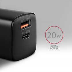 AXAGON ACU-PQ20 nabíjačka do siete 20W, 2x port (USB-A + USB-C), PD3.0/PPS/QC4+/AFC/Apple, čierna