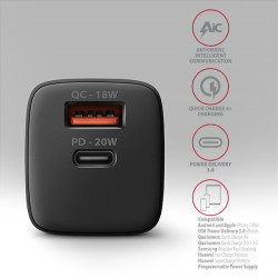 AXAGON ACU-PQ20 nabíjačka do siete 20W, 2x port (USB-A + USB-C), PD3.0/PPS/QC4+/AFC/Apple, čierna
