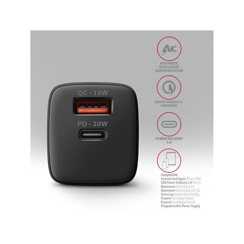 AXAGON ACU-PQ20 nabíjačka do siete 20W, 2x port (USB-A + USB-C), PD3.0/PPS/QC4+/AFC/Apple, čierna
