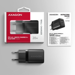 AXAGON ACU-PQ20 nabíjačka do siete 20W, 2x port (USB-A + USB-C), PD3.0/PPS/QC4+/AFC/Apple, čierna