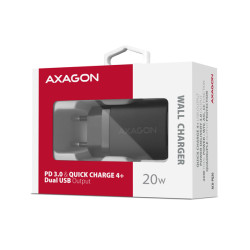 AXAGON ACU-PQ20 nabíjačka do siete 20W, 2x port (USB-A + USB-C), PD3.0/PPS/QC4+/AFC/Apple, čierna