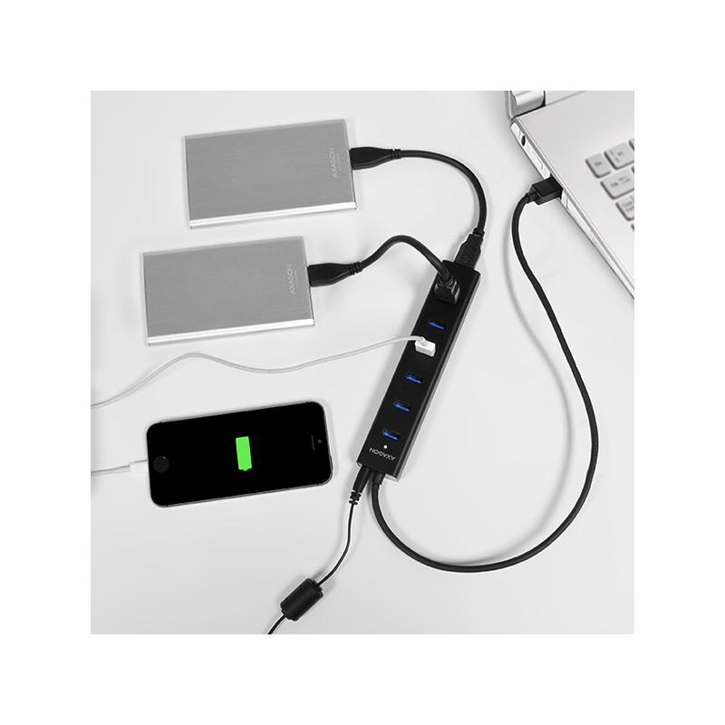 AXAGON HUE-SA7BP, 7x USB 3.0 ALU CHARGING húb, vr. AC adaptéra, kábel USB-A 40cm