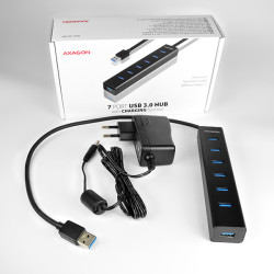 AXAGON HUE-SA7BP, 7x USB 3.0 ALU CHARGING húb, vr. AC adaptéra, kábel USB-A 40cm