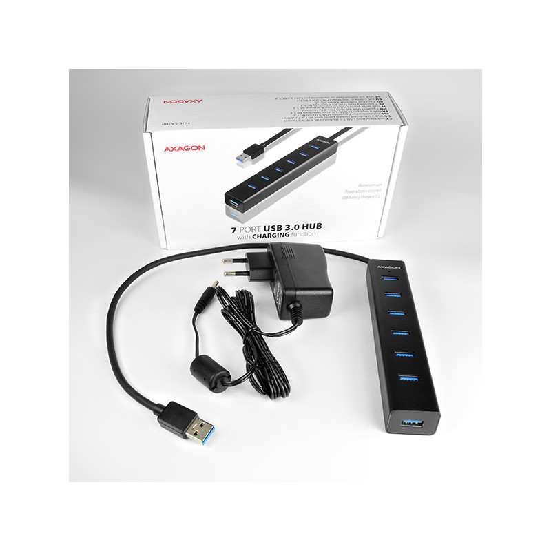 AXAGON HUE-SA7BP, 7x USB 3.0 ALU CHARGING húb, vr. AC adaptéra, kábel USB-A 40cm