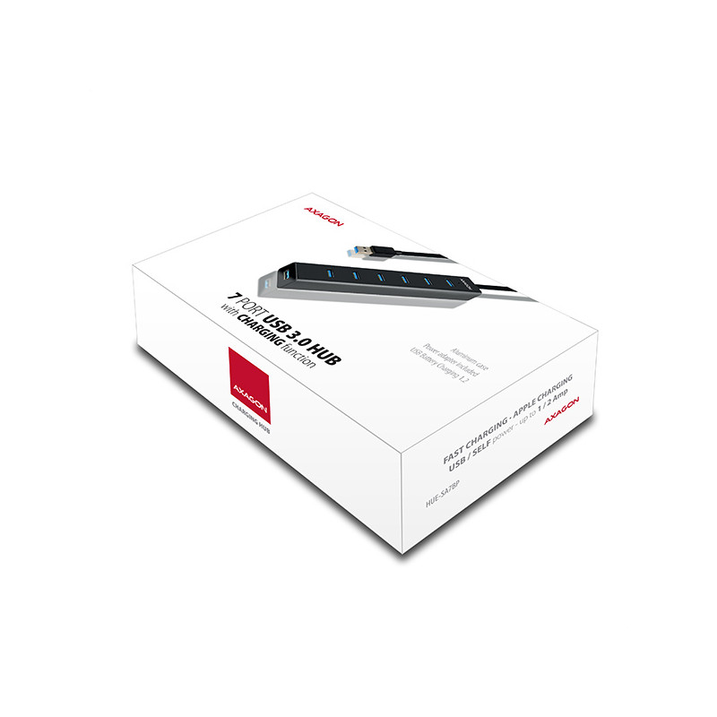 AXAGON HUE-SA7BP, 7x USB 3.0 ALU CHARGING húb, vr. AC adaptéra, kábel USB-A 40cm