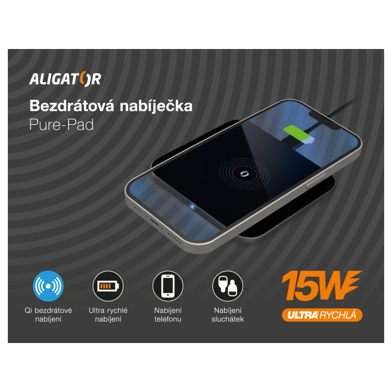 ALIGATOR bezdrôtová nabíjačka Aligator Pure-Pad 15W, čierna
