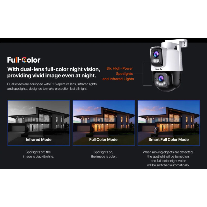 Tenda RH9-WCA - Vonkajšia otočná Dual Lens IP65 WiFi 6 MPx kamera, nočná LED, audio, detekcia, CZ app