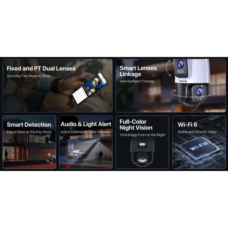 Tenda RH9-WCA - Vonkajšia otočná Dual Lens IP65 WiFi 6 MPx kamera, nočná LED, audio, detekcia, CZ app