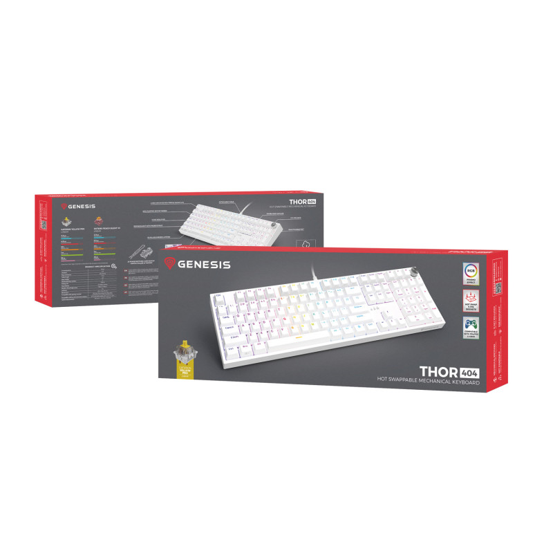 Herná mechanická klávesnica Genesis THOR 404/RGB/Gateron Yellow Pro/Drôtové USB-A/US layout/Biela