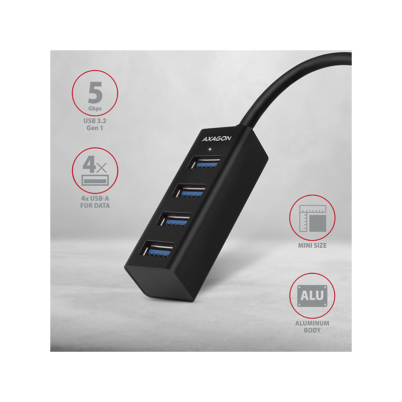 AXAGON HUE-M1C, 4x USB 3.2 Gen 1 MINI húb, kovový, kábel USB-C 20cm