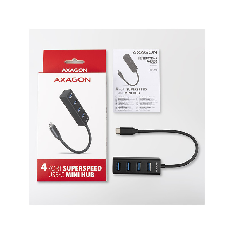 AXAGON HUE-M1C, 4x USB 3.2 Gen 1 MINI húb, kovový, kábel USB-C 20cm