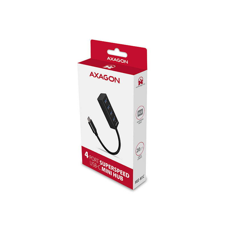 AXAGON HUE-M1C, 4x USB 3.2 Gen 1 MINI húb, kovový, kábel USB-C 20cm