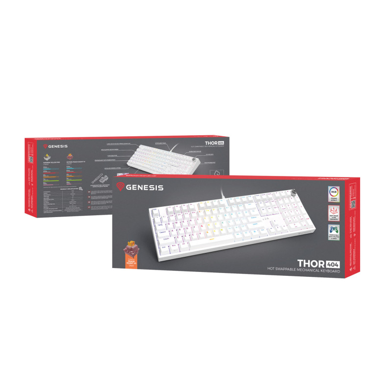 Herná mechanická klávesnica Genesis THOR 404/RGB/Outemu Peach Silent/Drôtové USB-A/US layout/Biela