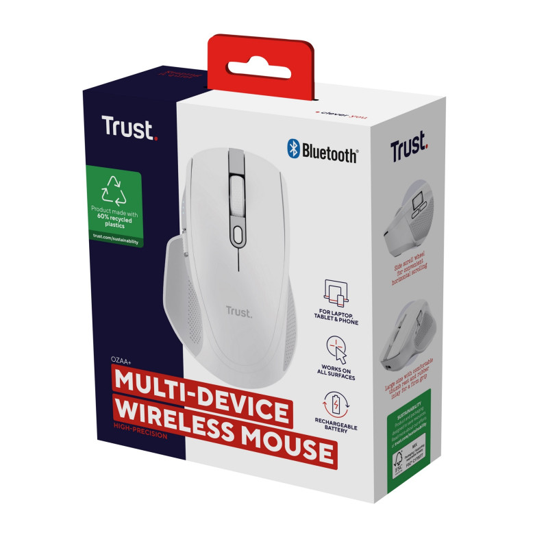 Trust Ozaa+/Kancelárska/Optická/Pre pravákov/3 200 DPI/USB+BT/Biela