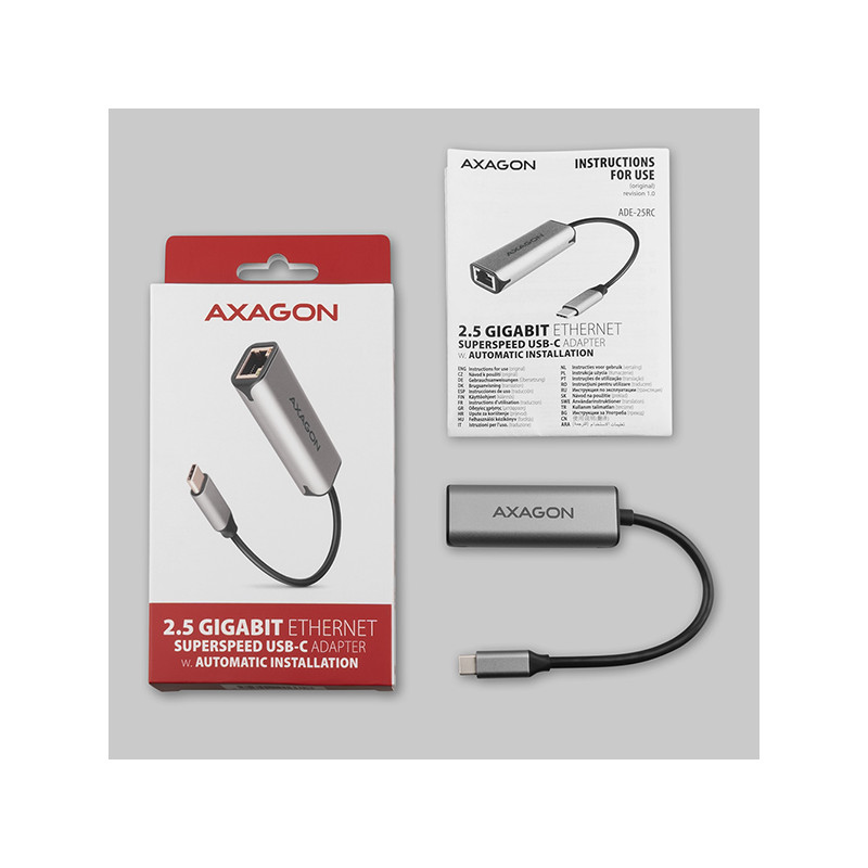 AXAGON ADE-25RC USB-A 3.2 Gen 1 - 2.5 Gigabit Ethernet sieťová karta, Realtek 8156, auto install, sivá