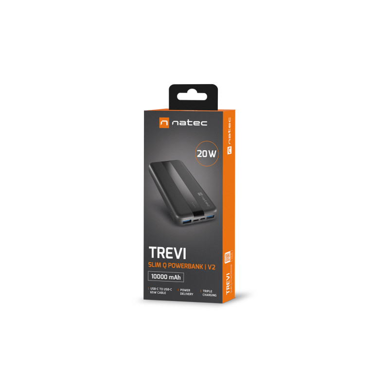 Power banka Natec TREVI SLIM Q V2 10000mAh, 2X USB-A 18W, 1X USB-C 20W, USB-C - USB0-C kábel, čierna