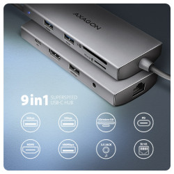 AXAGON HMC-8HLSA, USB 5Gbps húb, 3x USB-A, HDMI 4k/60Hz, RJ-45 GLAN, SD/microSD, audio, PD 100W