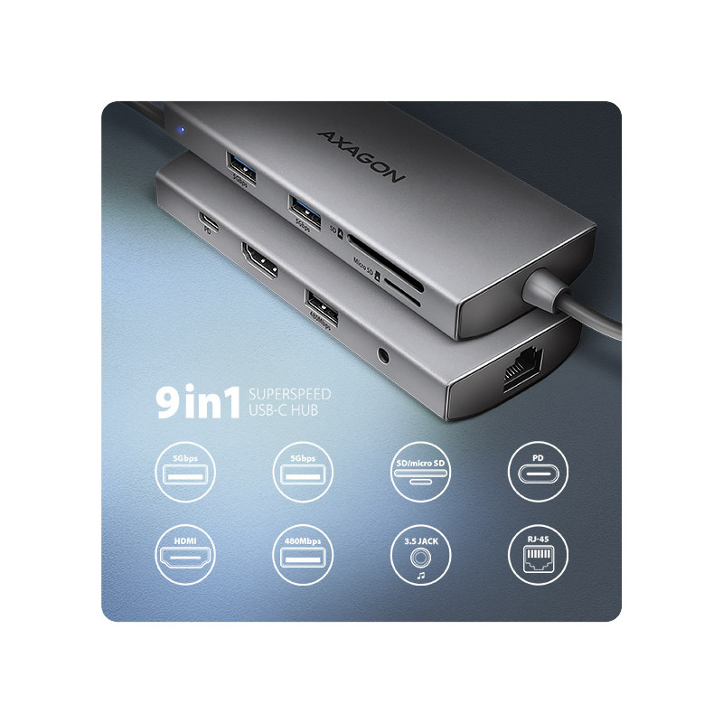 AXAGON HMC-8HLSA, USB 5Gbps húb, 3x USB-A, HDMI 4k/60Hz, RJ-45 GLAN, SD/microSD, audio, PD 100W
