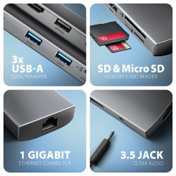 AXAGON HMC-8HLSA, USB 5Gbps húb, 3x USB-A, HDMI 4k/60Hz, RJ-45 GLAN, SD/microSD, audio, PD 100W