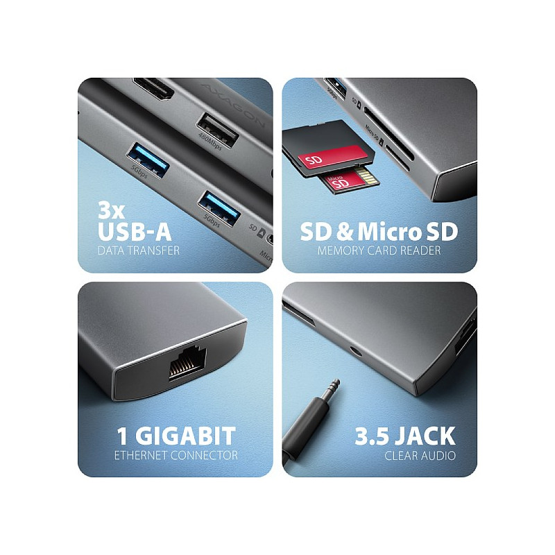 AXAGON HMC-8HLSA, USB 5Gbps húb, 3x USB-A, HDMI 4k/60Hz, RJ-45 GLAN, SD/microSD, audio, PD 100W
