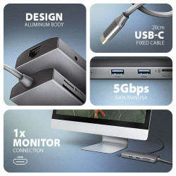 AXAGON HMC-8HLSA, USB 5Gbps húb, 3x USB-A, HDMI 4k/60Hz, RJ-45 GLAN, SD/microSD, audio, PD 100W