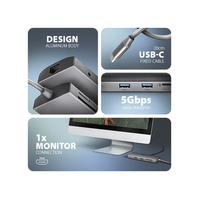AXAGON HMC-8HLSA, USB 5Gbps húb, 3x USB-A, HDMI 4k/60Hz, RJ-45 GLAN, SD/microSD, audio, PD 100W
