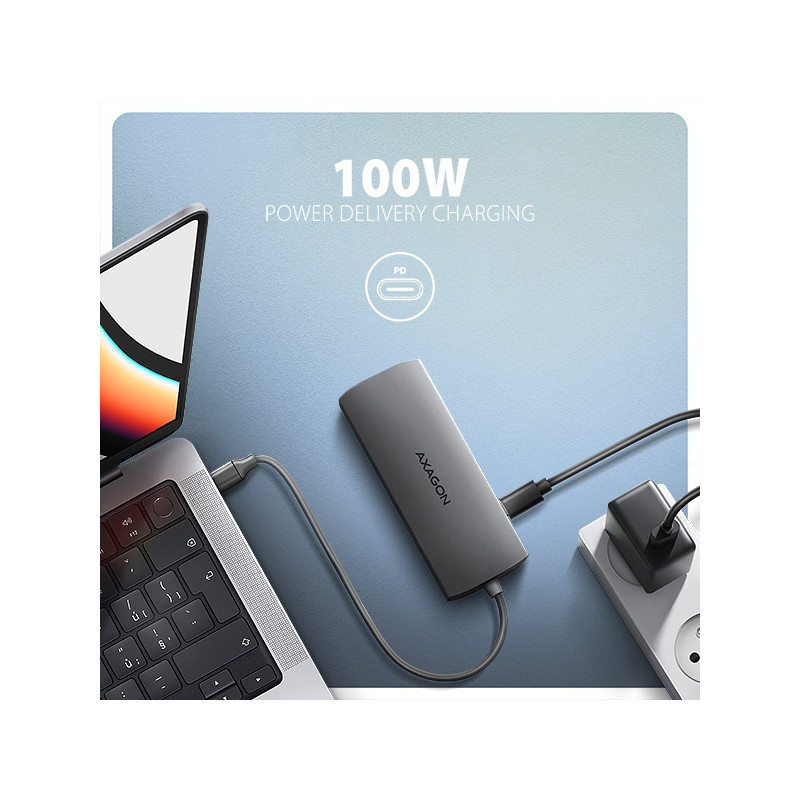 AXAGON HMC-8HLSA, USB 5Gbps húb, 3x USB-A, HDMI 4k/60Hz, RJ-45 GLAN, SD/microSD, audio, PD 100W