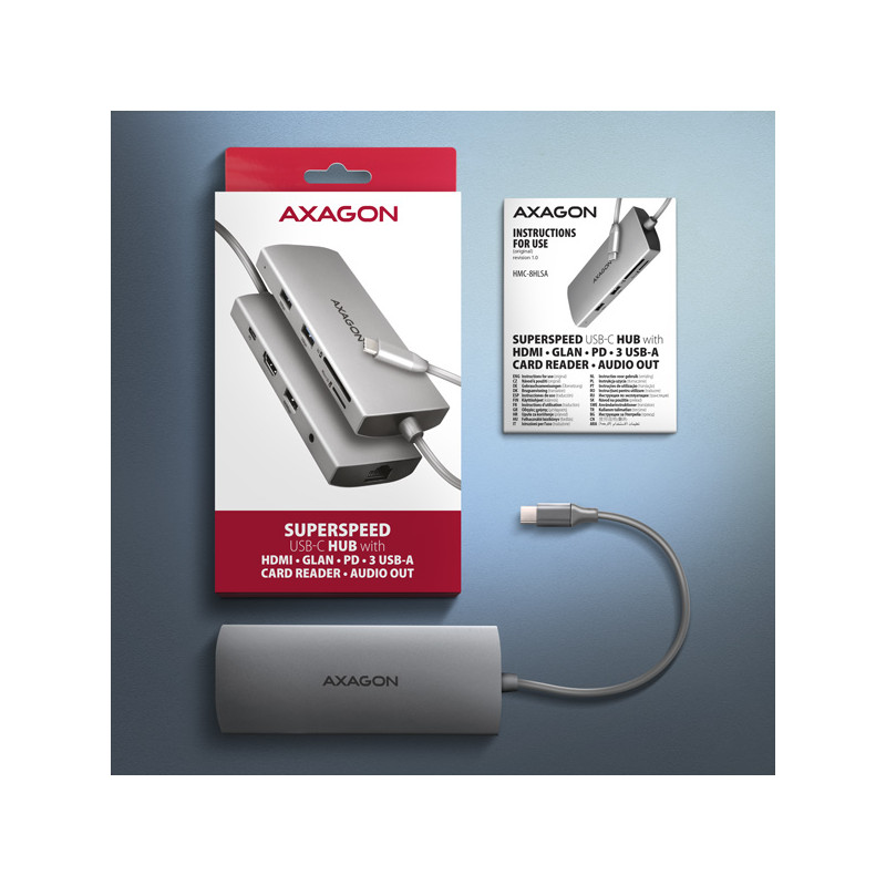 AXAGON HMC-8HLSA, USB 5Gbps húb, 3x USB-A, HDMI 4k/60Hz, RJ-45 GLAN, SD/microSD, audio, PD 100W
