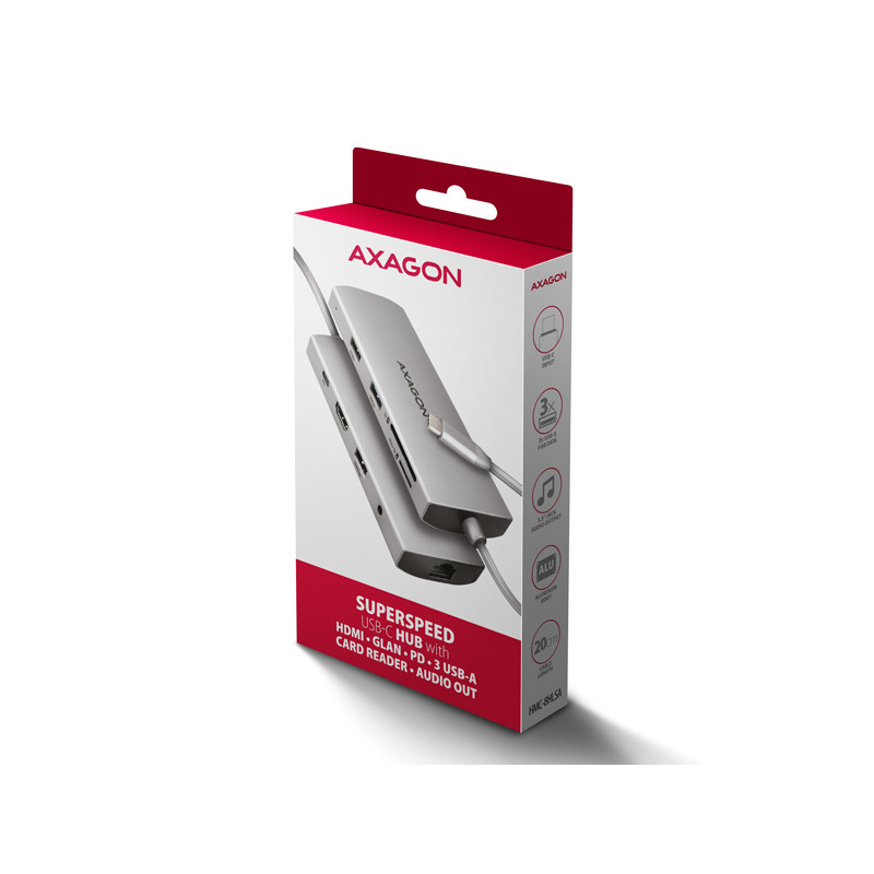 AXAGON HMC-8HLSA, USB 5Gbps húb, 3x USB-A, HDMI 4k/60Hz, RJ-45 GLAN, SD/microSD, audio, PD 100W