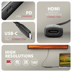 AXAGON RVC-HI8KPD, USB-C - HDMI 2.1 redukcia/adapter, 8K/60Hz, 4K/144Hz, HDR10+, PD100W