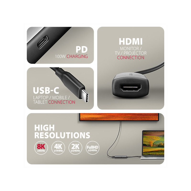 AXAGON RVC-HI8KPD, USB-C - HDMI 2.1 redukcia/adapter, 8K/60Hz, 4K/144Hz, HDR10+, PD100W