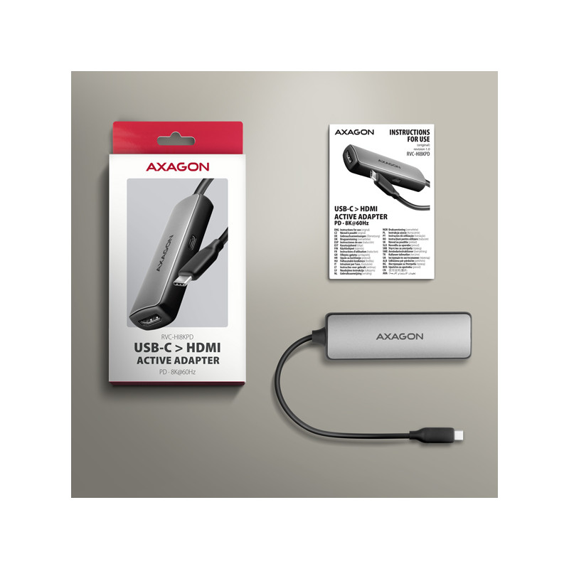 AXAGON RVC-HI8KPD, USB-C - HDMI 2.1 redukcia/adapter, 8K/60Hz, 4K/144Hz, HDR10+, PD100W