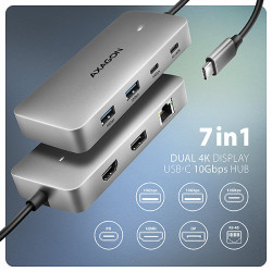 AXAGON HMC-CUB83X2, USB 10Gbps húb, 2x USB-A, USB-C, HDMI a DP 4k/144Hz, RJ-45, PD 100W, kábel 15cm