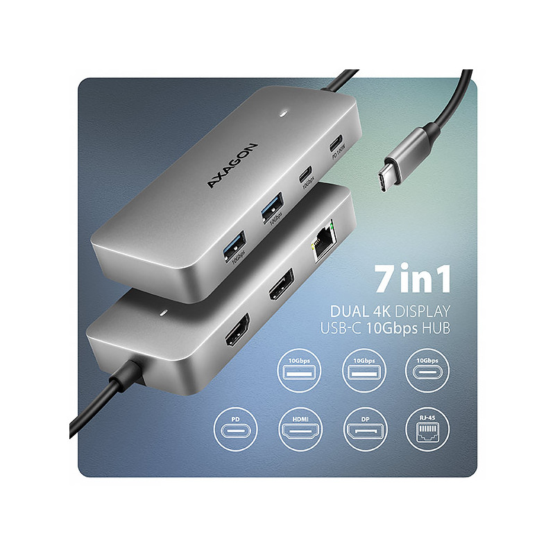 AXAGON HMC-CUB83X2, USB 10Gbps húb, 2x USB-A, USB-C, HDMI a DP 4k/144Hz, RJ-45, PD 100W, kábel 15cm