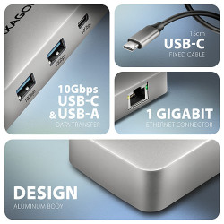AXAGON HMC-CUB83X2, USB 10Gbps húb, 2x USB-A, USB-C, HDMI a DP 4k/144Hz, RJ-45, PD 100W, kábel 15cm
