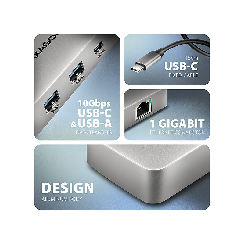 AXAGON HMC-CUB83X2, USB 10Gbps húb, 2x USB-A, USB-C, HDMI a DP 4k/144Hz, RJ-45, PD 100W, kábel 15cm