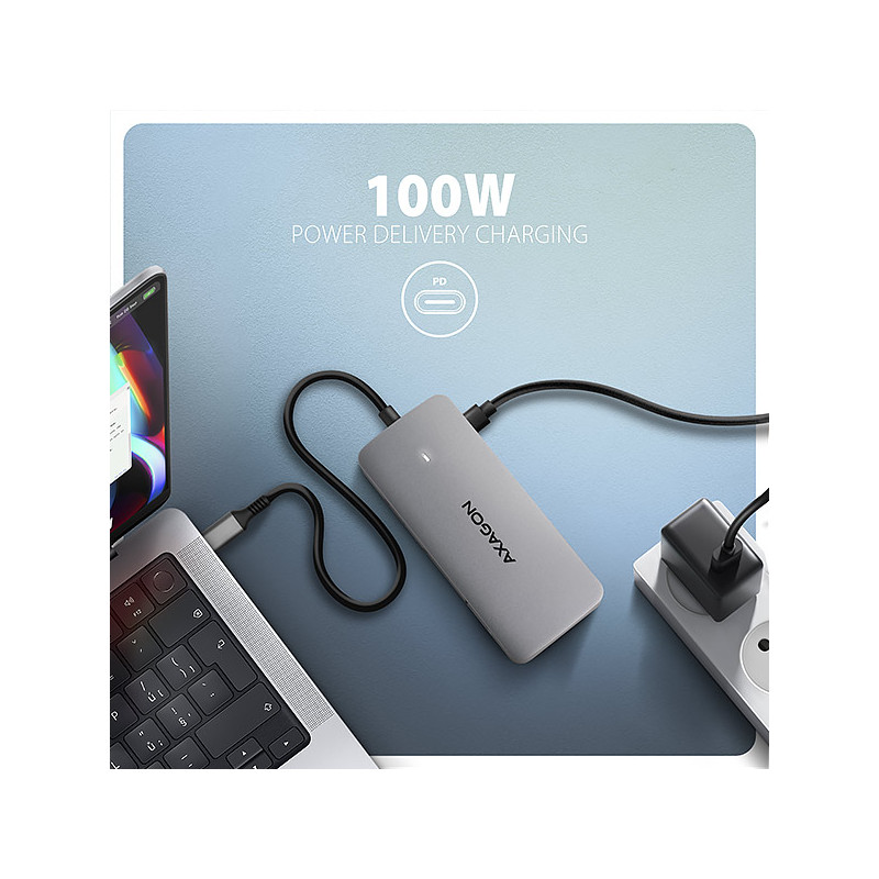 AXAGON HMC-CUB83X2, USB 10Gbps húb, 2x USB-A, USB-C, HDMI a DP 4k/144Hz, RJ-45, PD 100W, kábel 15cm