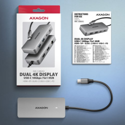 AXAGON HMC-CUB83X2, USB 10Gbps húb, 2x USB-A, USB-C, HDMI a DP 4k/144Hz, RJ-45, PD 100W, kábel 15cm